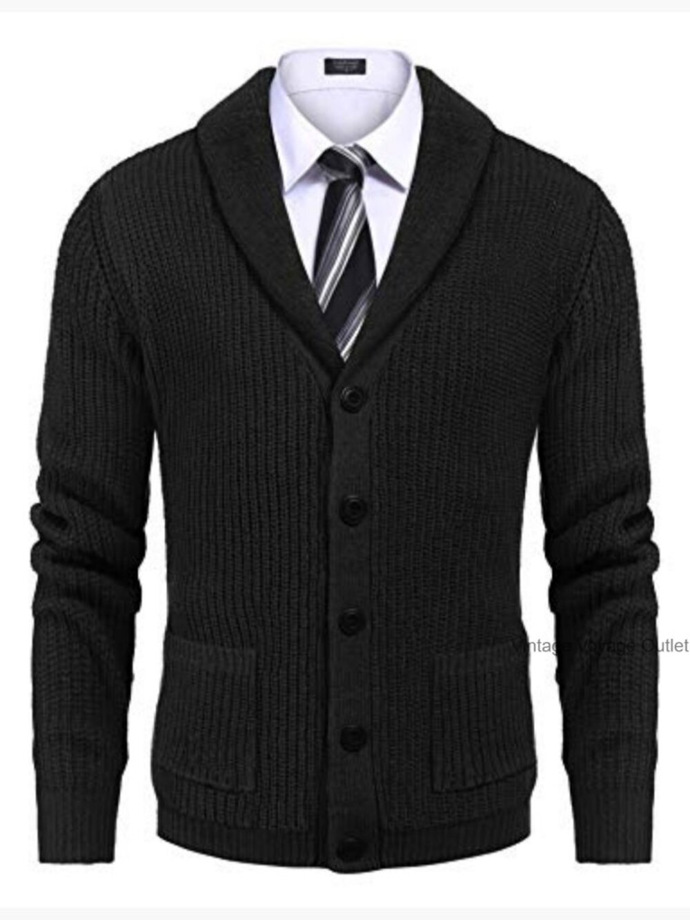Slim Fit Cardigan Sweater Shawl Collar Cable Knit Button Up Pockets - Picture 3 of 7